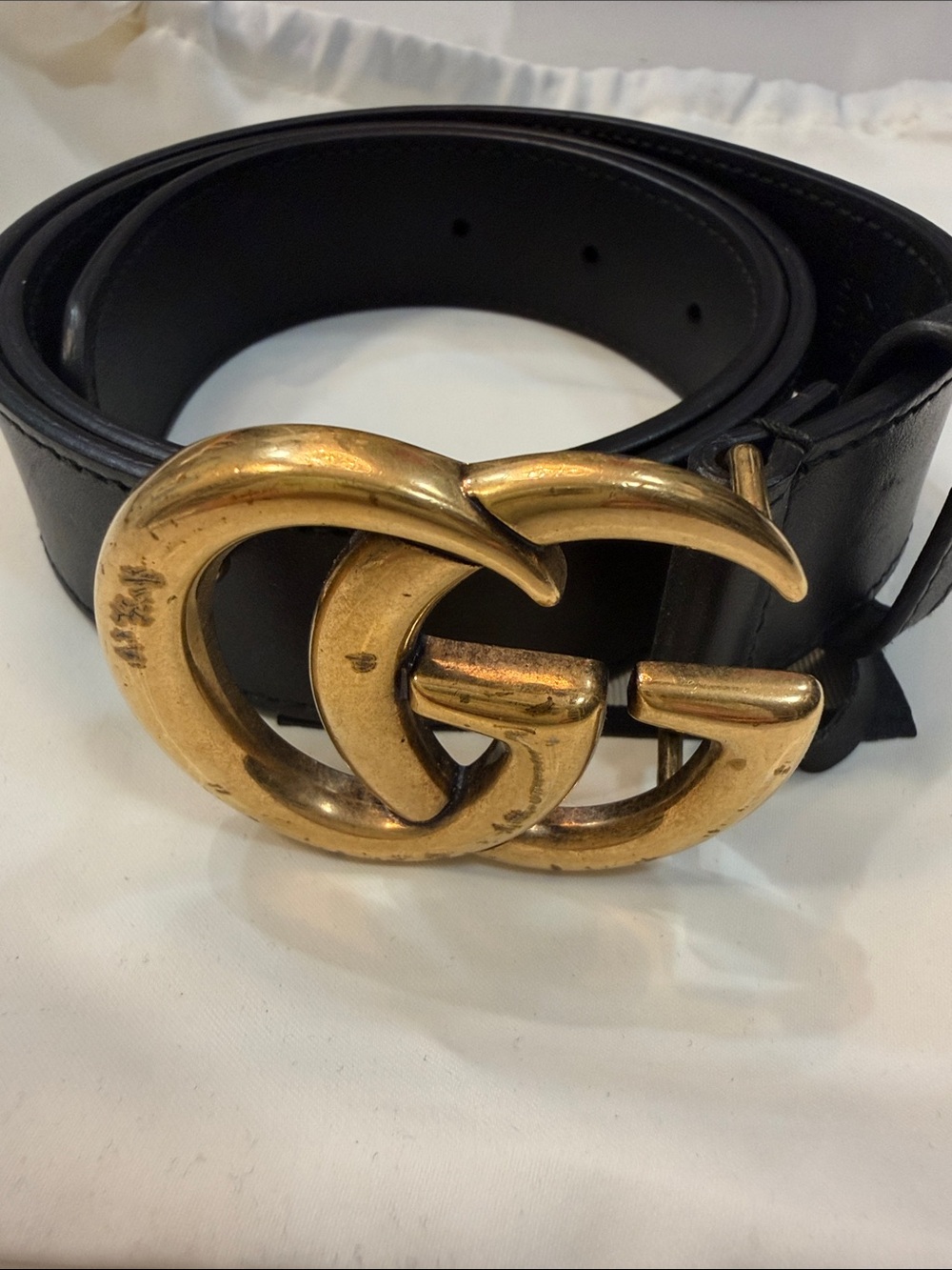 Gucci Black Leather Belt with Aged Gold GG Buckle